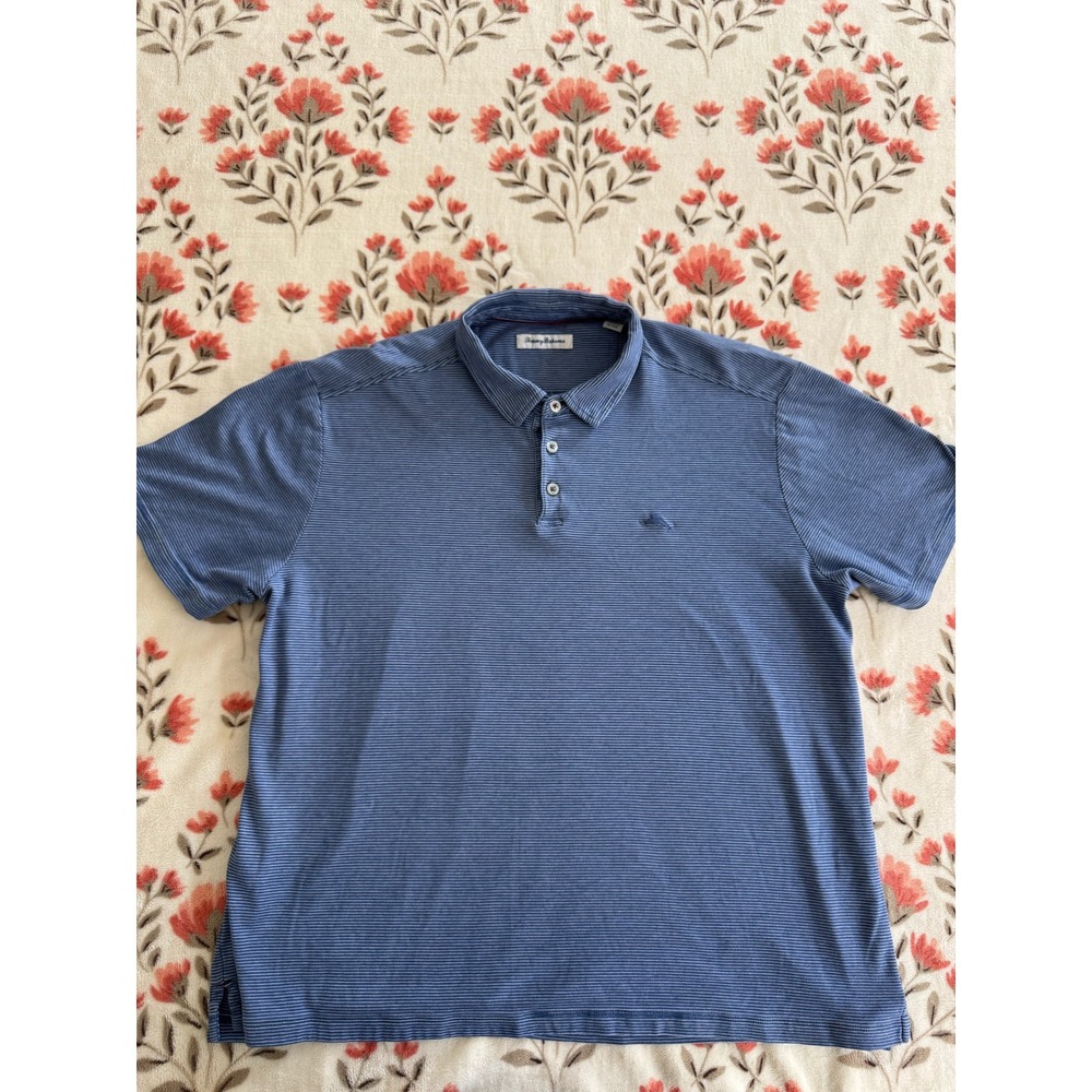 Tommy Bahama Mens XL Blue White Striped Cotton Short Sleeve Marlin Polo Shirt